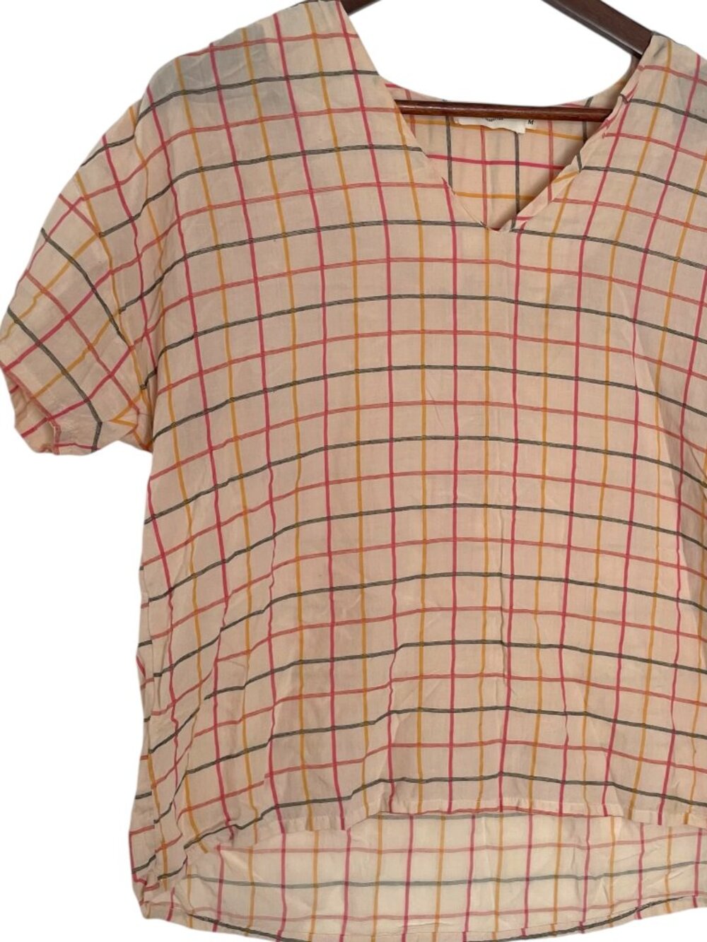 Indi & Cold San Sebastian Boxy Top Medium M Cream Check Plaid Popover Shirt Boho